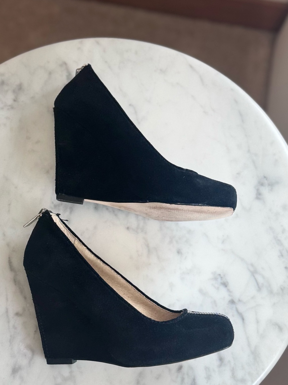 MICHAEL Michael Kors Black Suede Wedge Pumps, Size 4 1/2M Silver Zipper Back